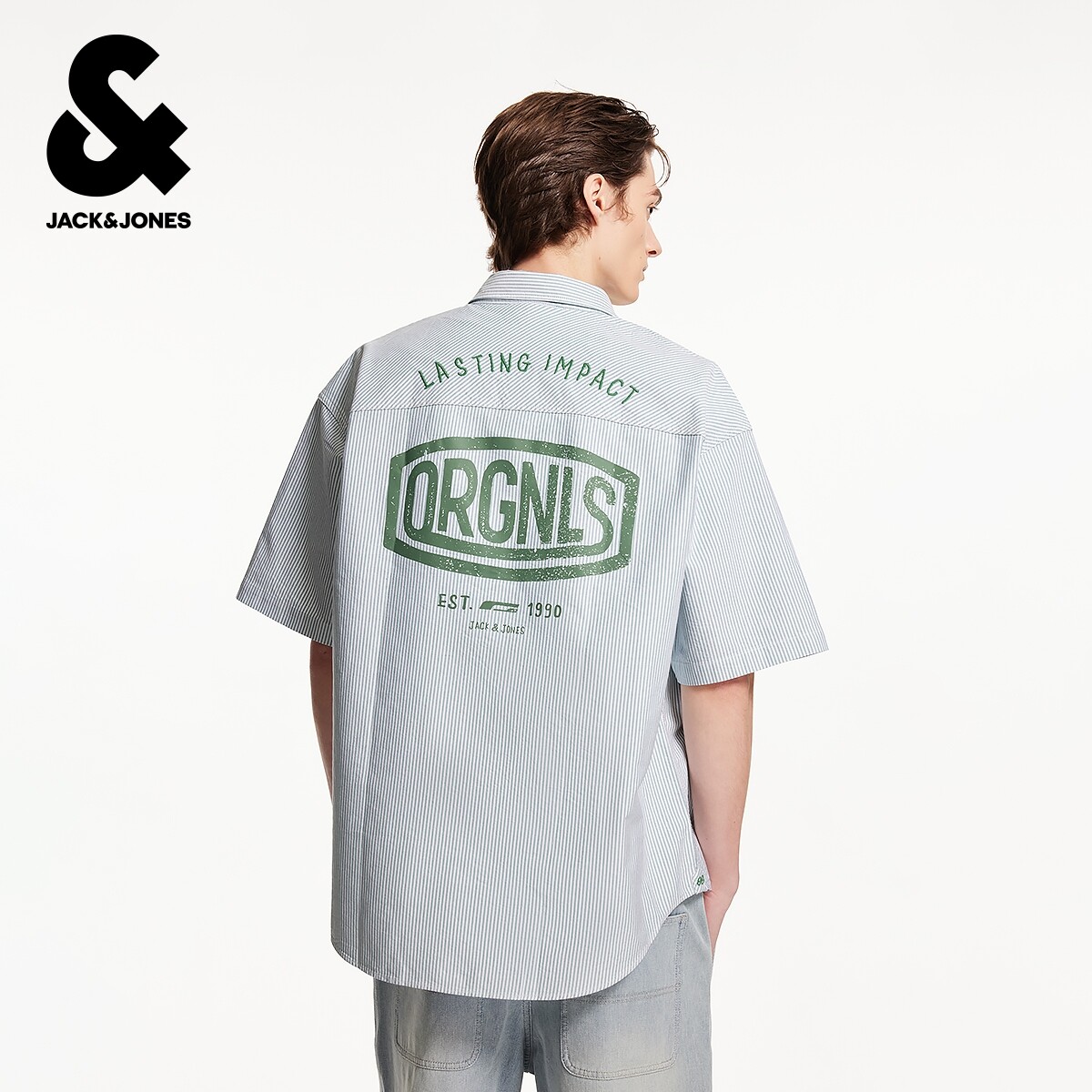 杰克琼斯男装夏季新款时尚刺绣印花尖领条纹宽松休闲短袖衬衫上衣