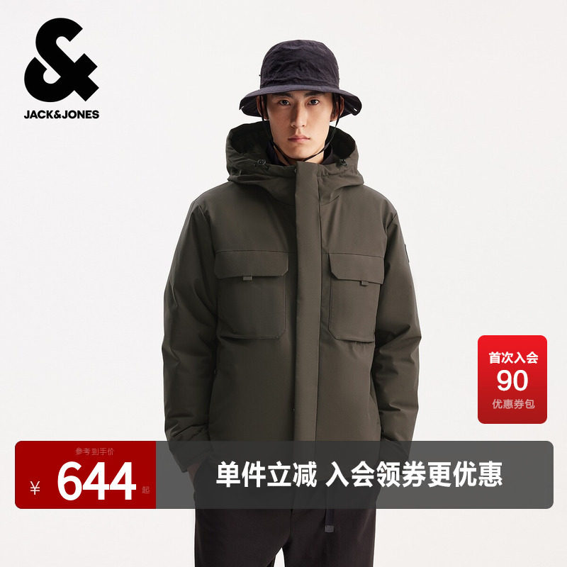 杰克琼斯男生秋冬季百搭连帽羽绒服2025年新款防水工装保暖上衣