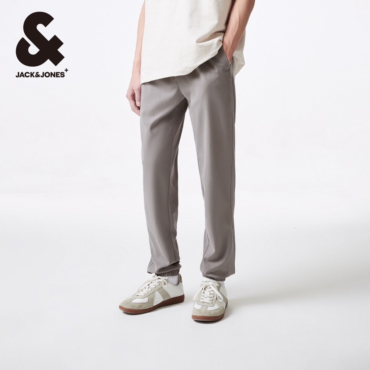 杰克琼斯春季合体松紧抽绳腰头灰绿色休闲长裤束脚裤男裤男装