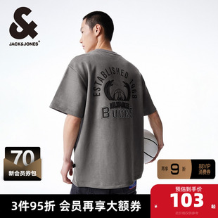 杰克琼斯男士短袖T恤男装NBA联名雄鹿队夏季宽松渐变肌理字母胶印