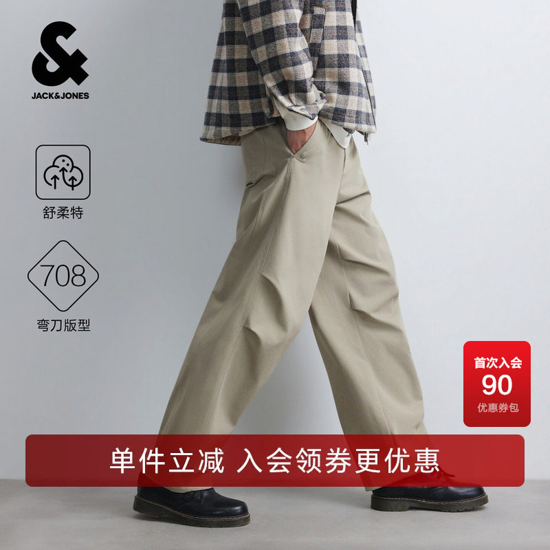 杰克琼斯休闲裤秋季装新款松紧腰弯刀工装贴布超长裤子226314089