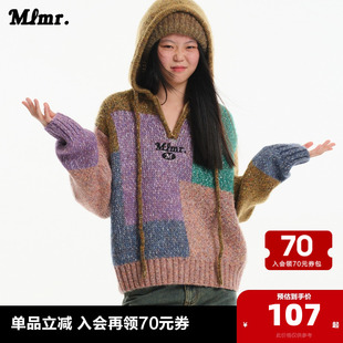 MLMR秋复古风连帽刺绣装 饰衣身混色沙线提花针织衫 毛衣女装 男装