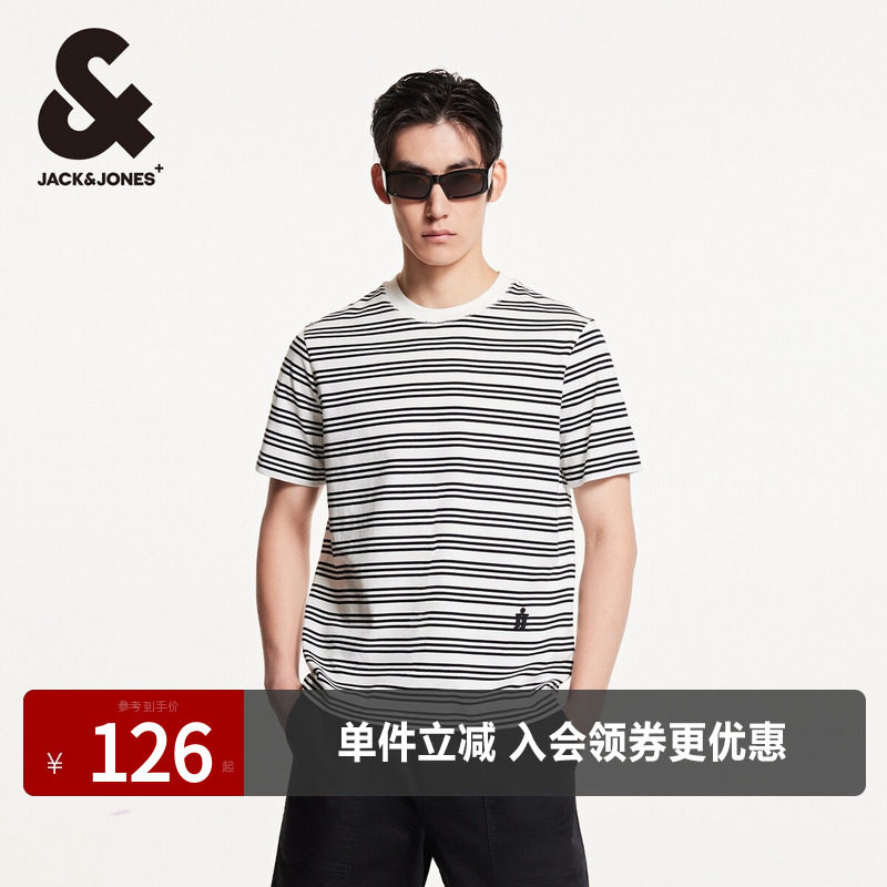杰克琼斯夏季新款舒适纯棉衣身条纹直筒圆领男短袖高级感T恤男装