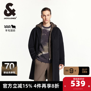 杰克琼斯冬季新款时尚潮流休闲宽松可拆卸假两件连帽毛呢大衣男装