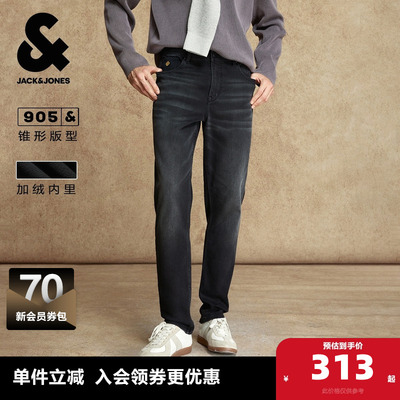 杰克琼斯奥特莱斯男装牛仔裤秋冬季简约刺绣加绒内里水洗锥形裤子
