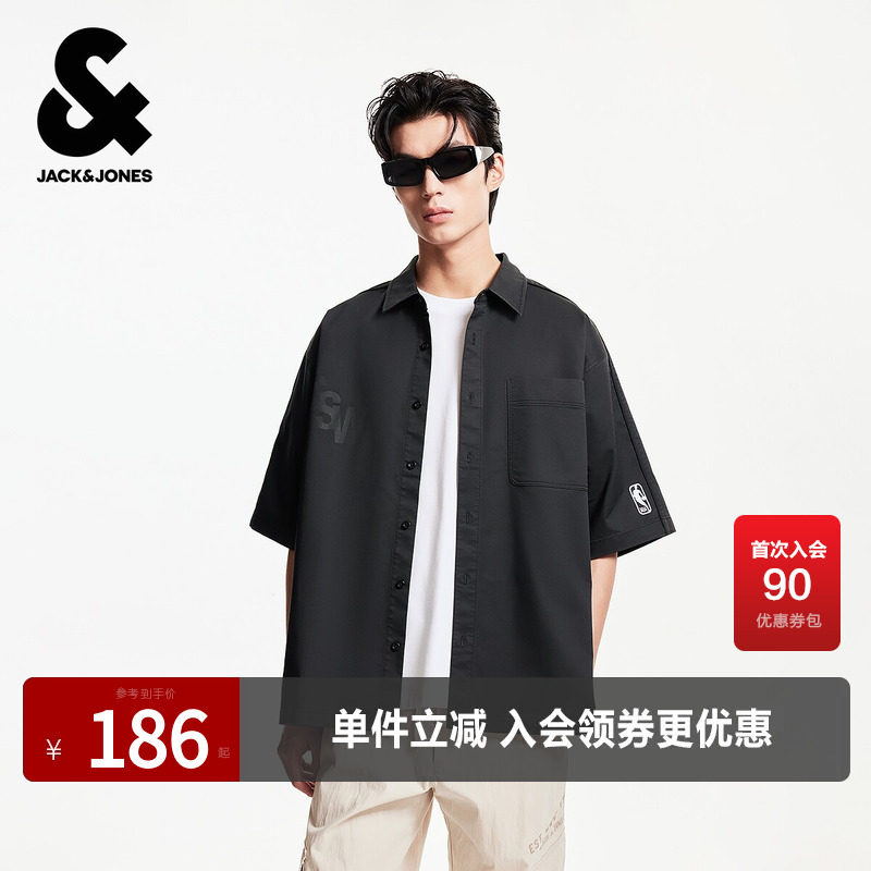 杰克琼斯夏季宽松翻领纽扣胸前单侧口袋底摆刺绣时尚潮流衬衫男装