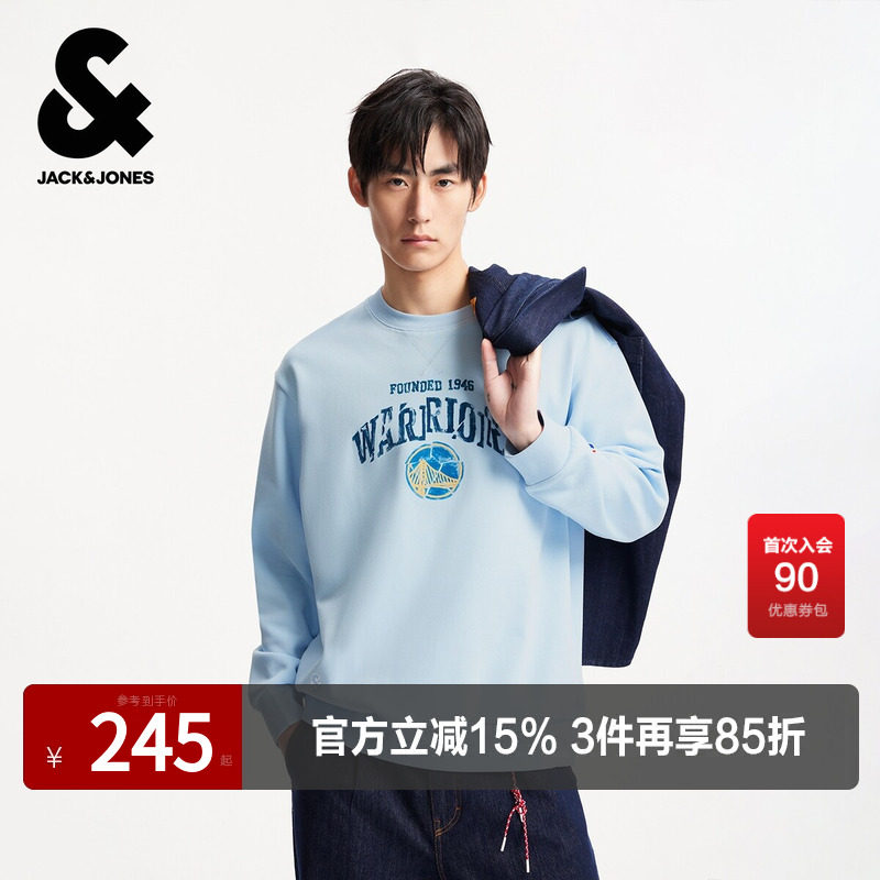 杰克琼斯春季圆领卫衣男装宽松NBA联名勇士队图案印花刺绣上衣
