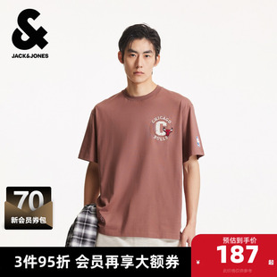 杰克琼斯男装NBA联名款公牛队纯棉休闲肌理感字母胶印宽松短袖T恤