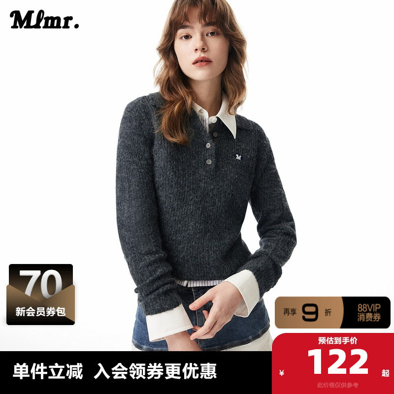 MLMR冬季新款翻领纯色插肩袖刺绣图案合体短款毛衣针织衫男女
