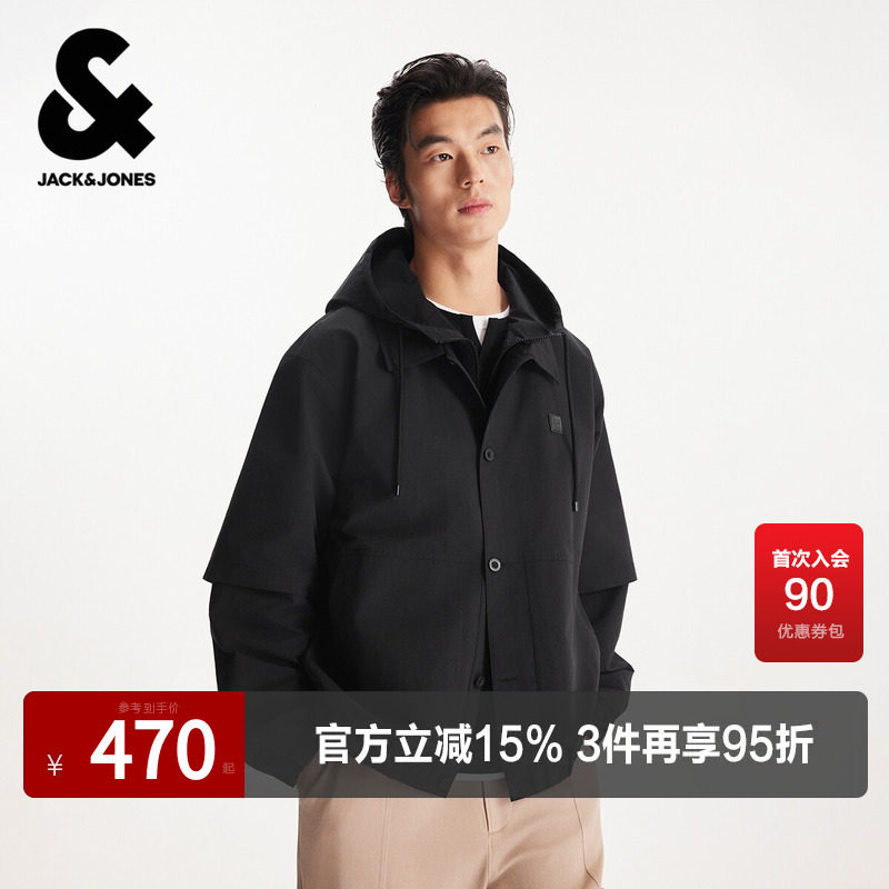 杰克琼斯男装春季夹克外套皮质LOGO潮流时尚简约休闲假两件设计