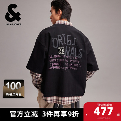 杰克琼斯男装春季新款纯棉OVERSIZED假两件格纹翻领长袖衬衫外套