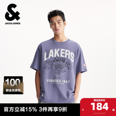 杰克琼斯夏季男装时尚百搭短袖T恤NBA联名字母刺绣装饰男款