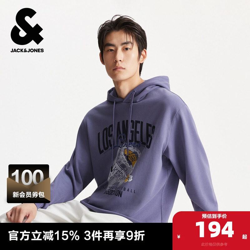 杰克琼斯男装秋冬卫衣上衣略宽松抽绳可调节湖人球队字母图案设计