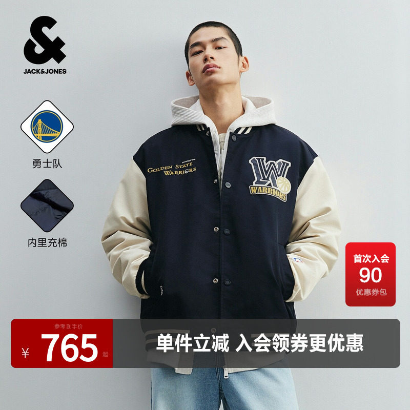 杰克琼斯NBA勇士队奥莱男装棉服棒球服潮时尚休闲百搭通勤外套