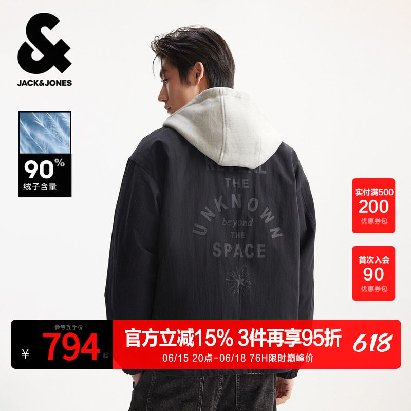 杰克琼斯男装春季冬季羽绒服外套字母图案潮流简约休闲可拆卸连帽