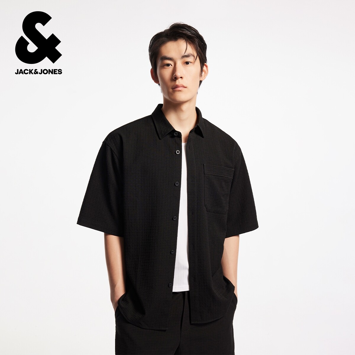 杰克琼斯夏季时尚潮百搭华夫格面料单侧胸兜短袖衬衫上衣外套男装