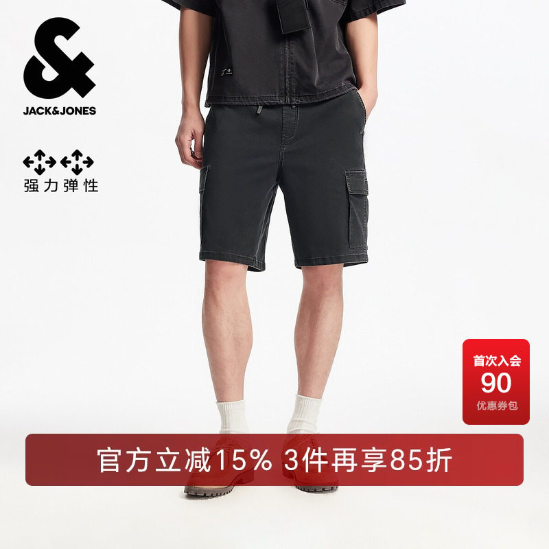 杰克琼斯奥特莱斯男装夏季新款牛仔短裤纯色抽绳直筒休闲弹力裤子