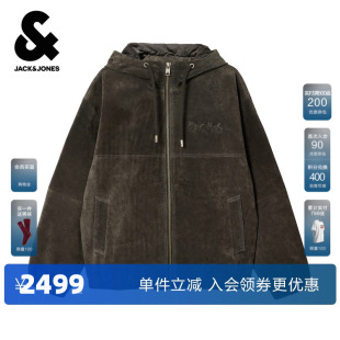 杰克琼斯男装 上衣外套 春秋皮衣抽绳连帽纯色简约字母日常百搭长袖