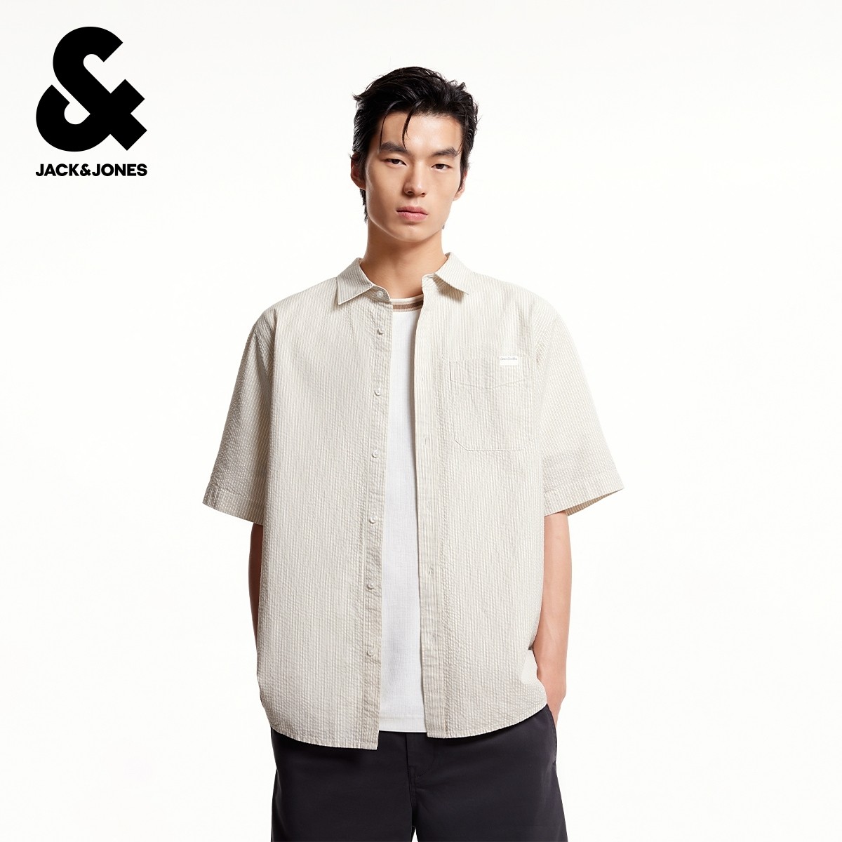 杰克琼斯奥特莱斯男装夏季新款衬衫时尚条纹宽松休闲翻领全棉短袖