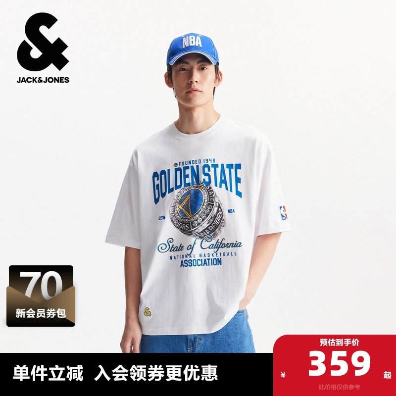 杰克琼斯男装夏季新款T恤NBA联名勇士队百搭运动风舒适纯棉短袖