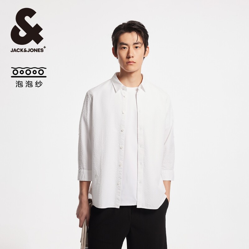 杰克琼斯夏季奥莱休闲常规版型七分袖单排扣泡泡纱肌理感衬衫男装
