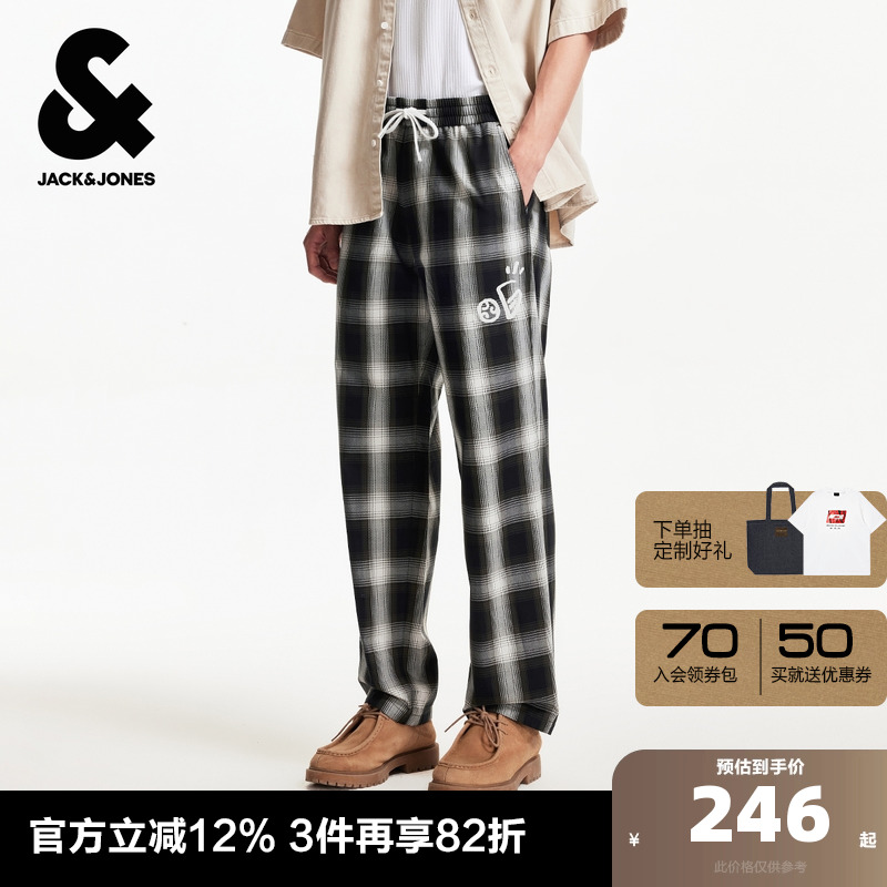 杰克琼斯夏季时尚潮流宽松双侧插袋格纹设计松紧腰休闲裤子男装