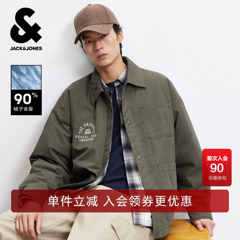 杰克琼斯男装春季冬季羽绒服外套字母胶印刺绣休闲复古翻领宽松