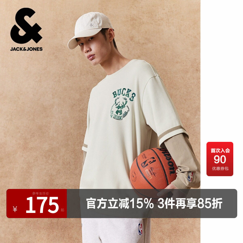 【NBA联名款雄鹿队】杰克琼斯男装春季T恤假两件刺绣圆领宽松
