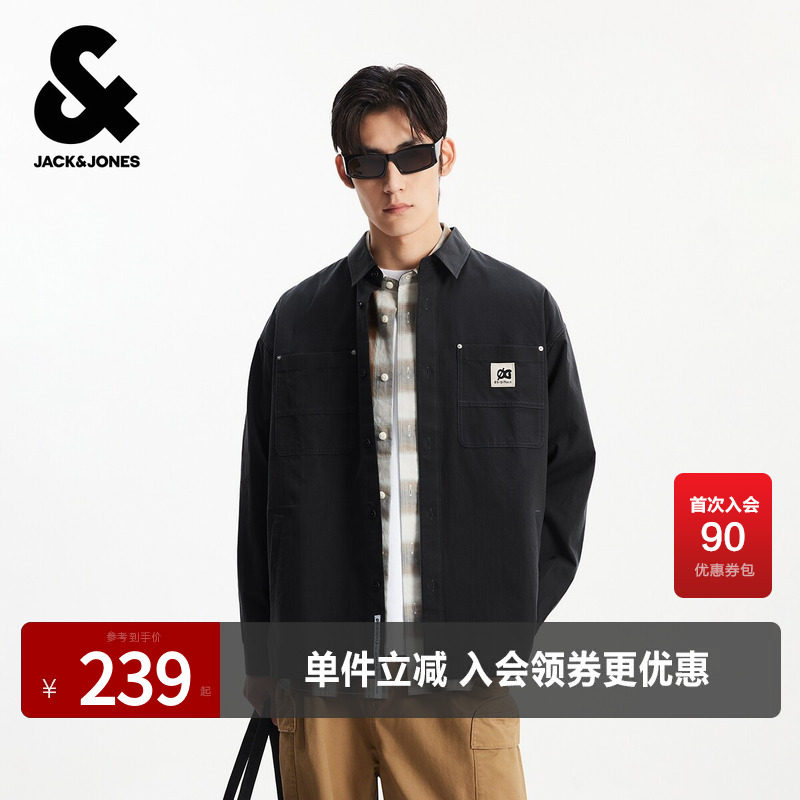 杰克琼斯男装春秋新款衬衫时尚百搭字母胶印翻领纯棉宽松长袖上衣