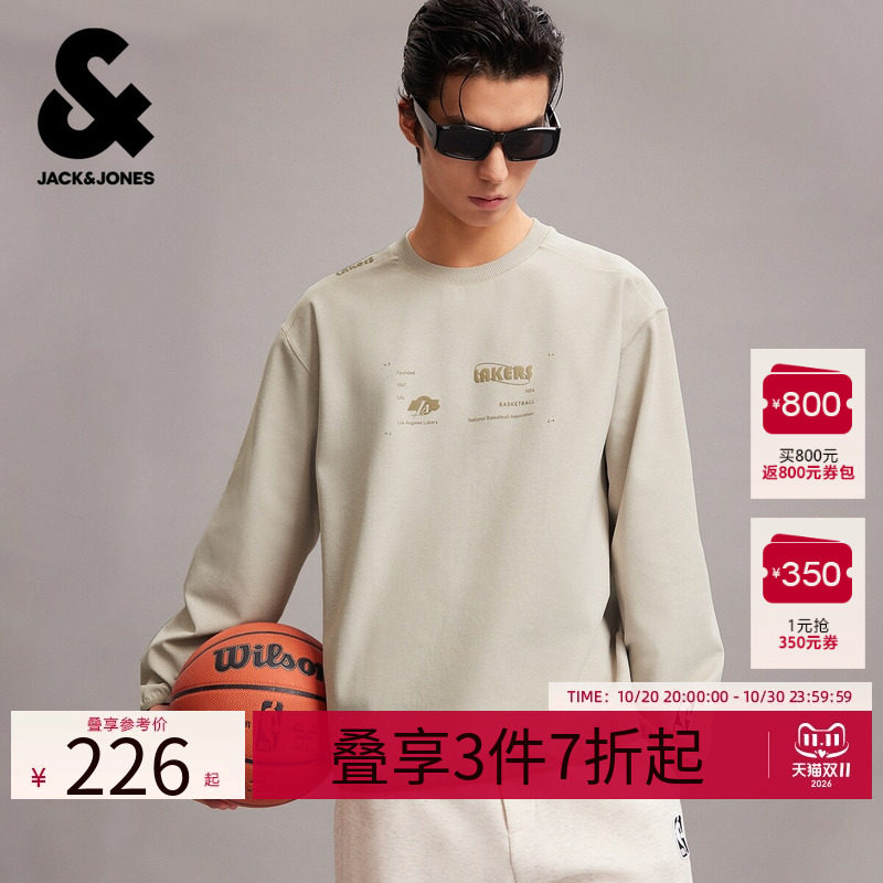 【NBA联名湖人队】杰克琼斯男装春季新款宽松圆领卫衣插肩袖上衣