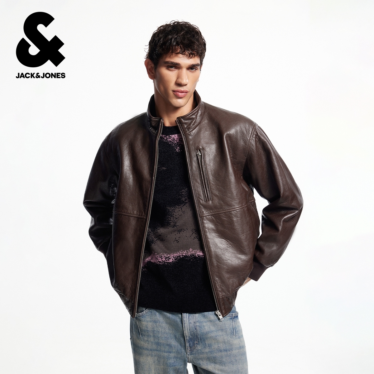 杰克琼斯奥特莱斯男装士秋季新款夹克羊皮革插袋长袖宽松立领上衣