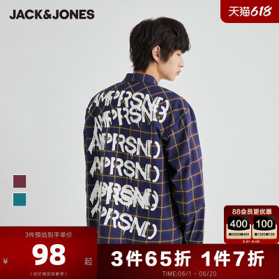 JackJones杰克琼斯奥特莱斯男秋潮撞色格纹字母印花休闲长袖衬衫