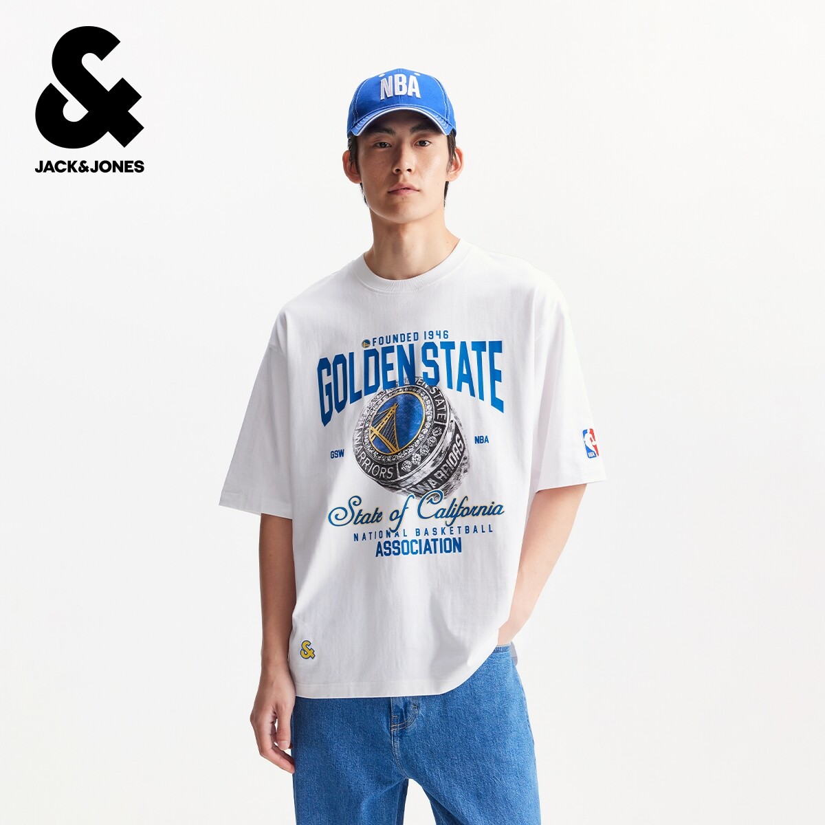 杰克琼斯男装夏季新款T恤NBA联名勇士队百搭运动风舒适纯棉短袖