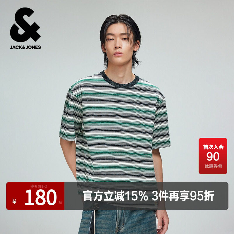 【纯棉】杰克琼斯奥特莱斯男装T恤夏季宽松圆领精致刺绣logo时尚