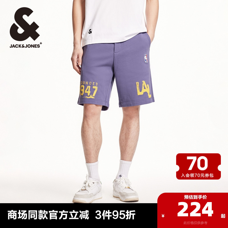 杰克琼斯NBA联名款夏季新款湖人队字母纯棉休闲宽松短裤男裤男装