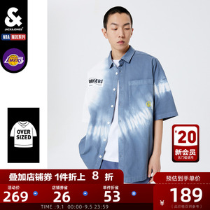 杰克琼斯奥特莱斯NBA联名湖人队印花纯棉短袖衬衫男夏季宽松衬衣