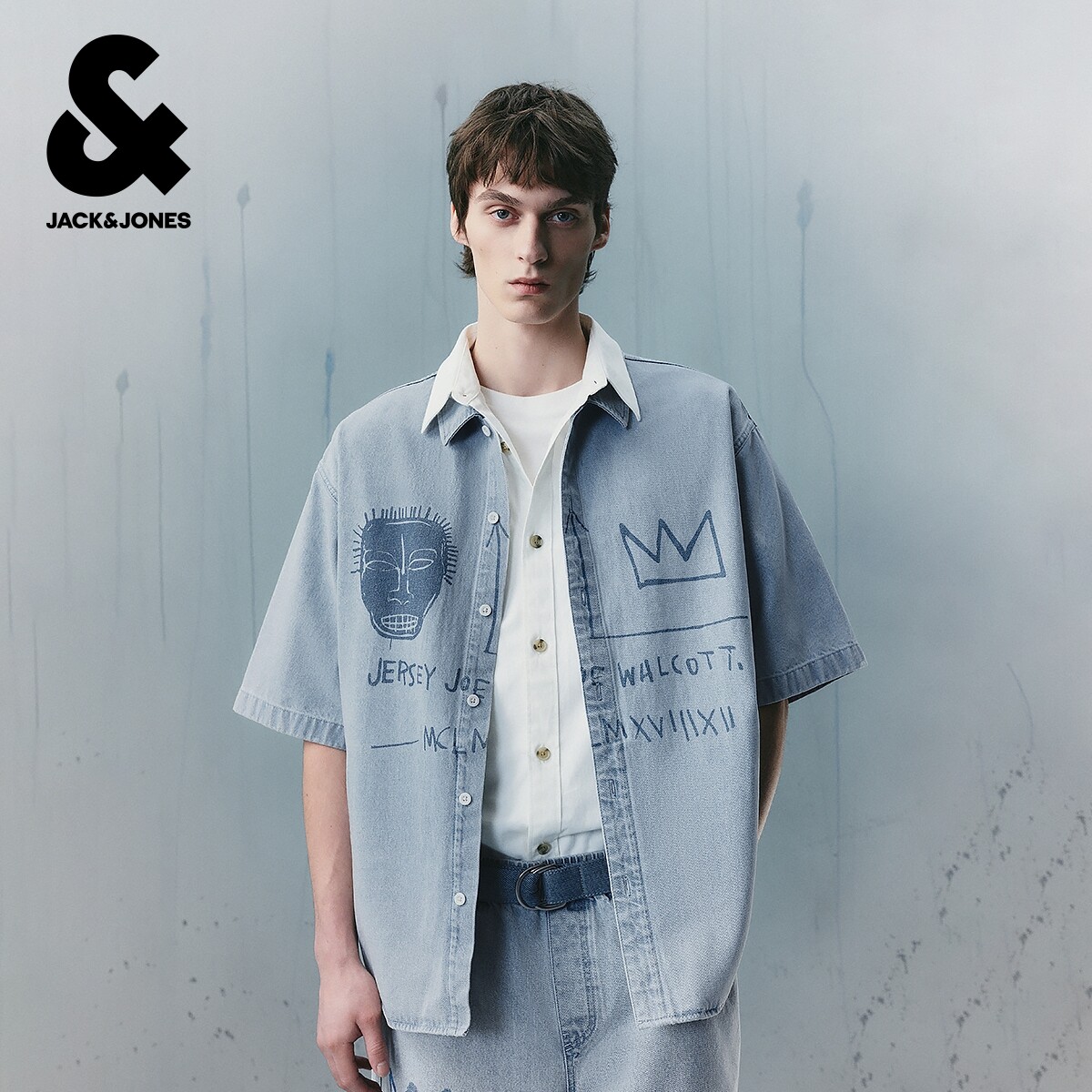 杰克琼斯奥莱BSQ联名男夏季新款衬衫外套翻领印花牛仔短袖上衣