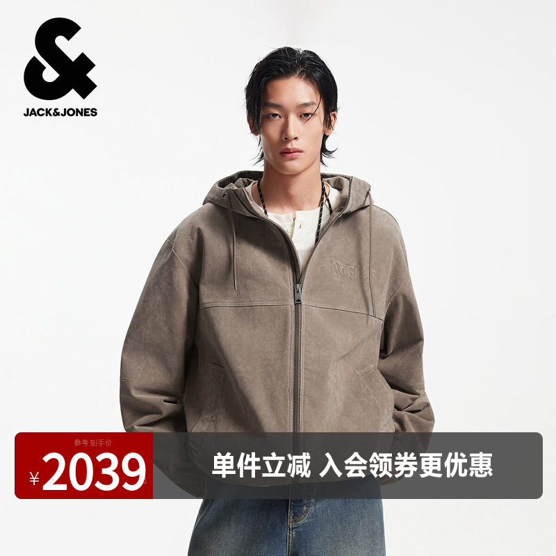 杰克琼斯男装春季夹克外套抽绳连帽字母钢印皮衣经典百搭外套宽松