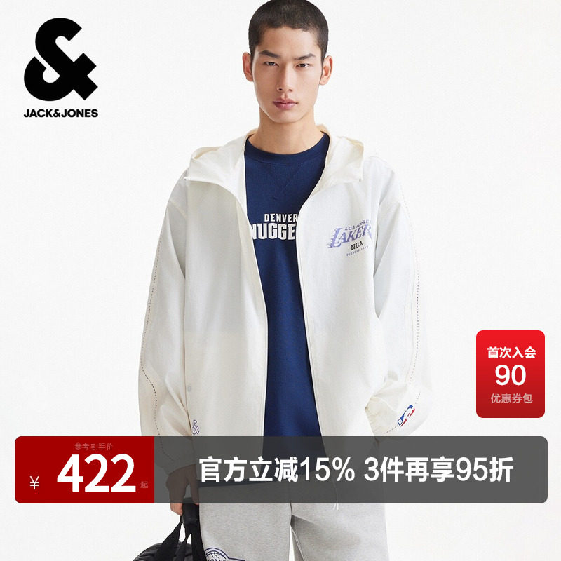 【NBA联名湖人队】杰克琼斯男夹克外套抽绳可调节连帽字母装饰