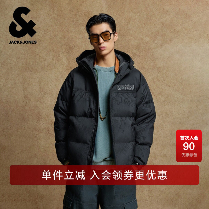 杰克琼斯男装士冬季羽绒服2025年新款刺绣抽绳连帽廓形保暖外套