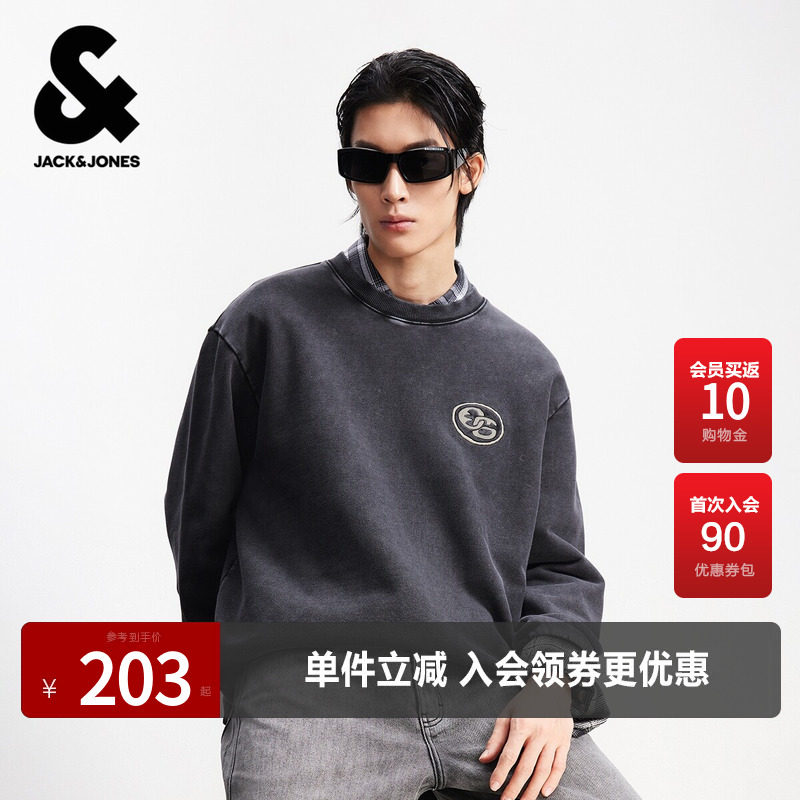 杰克琼斯男装春季卫衣潮流百搭贴布刺绣宽松舒适罗纹圆领长袖上衣