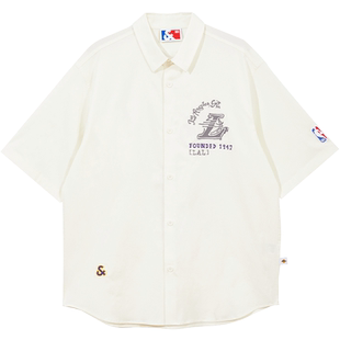 杰克琼斯NBA联名洛杉矶湖人队夏季新款尖领短袖衬衫贴布满印男装