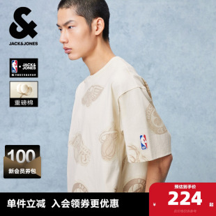 【NBA联名湖人队】杰克琼斯男装夏季新款重磅纯棉圆领宽松短袖T恤