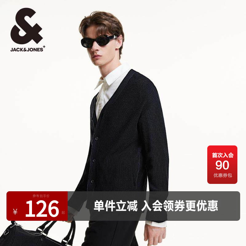 杰克琼斯长袖V领皮牌装饰针织衫