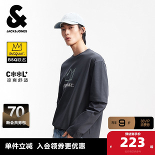 杰克琼斯男装春季T恤宽松休闲潮流立体印花舒适罗纹圆领长袖上衣
