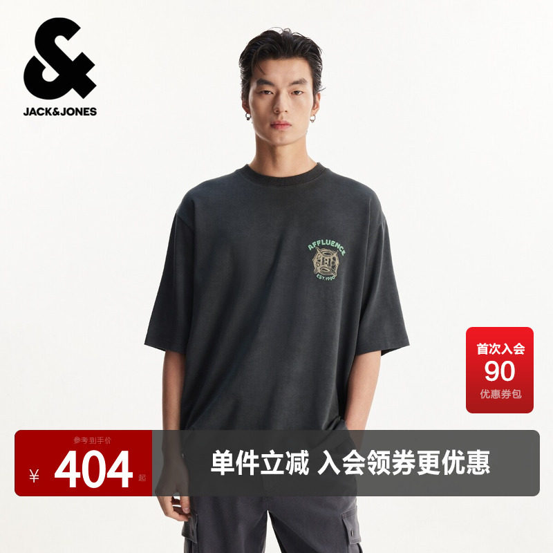 杰克琼斯男装夏季T恤短袖时尚百搭字母刺绣图腾舒适圆领宽松上衣