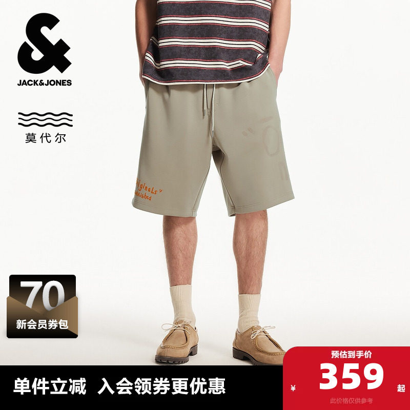 杰克琼斯奥特莱斯男装夏季新款潮时尚植绒胶印抽绳腰宽松短裤子