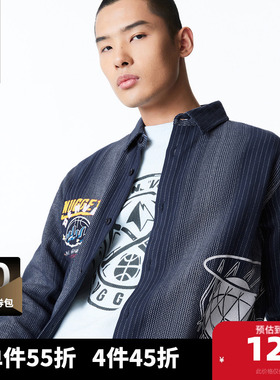 杰克琼斯outlets24春男翻领logo刺绣长袖条纹上衣衬衫外套男装
