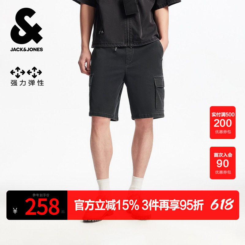 杰克琼斯奥特莱斯男装夏季新款牛仔短裤纯色抽绳直筒休闲弹力裤子