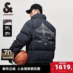 杰克琼斯NBA联名勇士队冬季无帽立领刺绣装饰宽松羽绒服外套男装